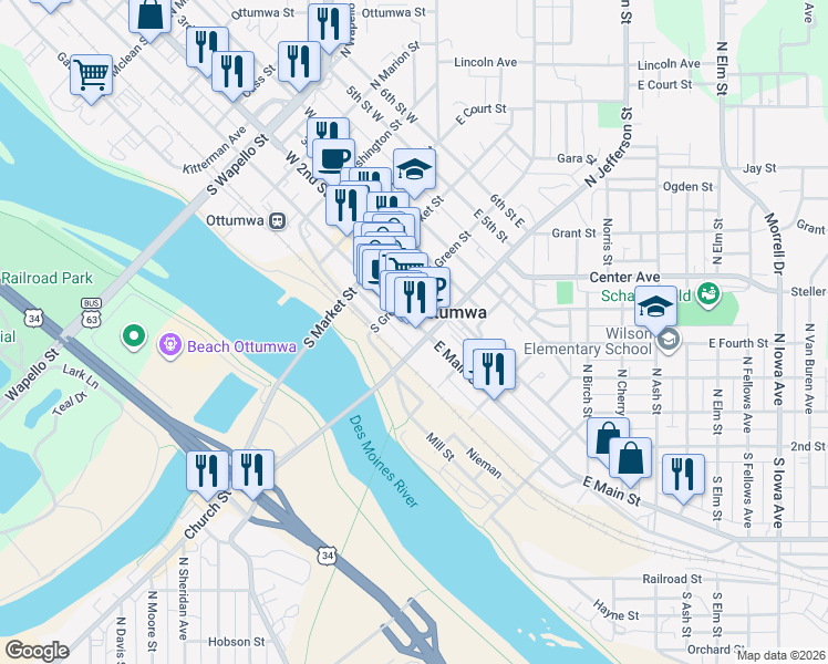 map of restaurants, bars, coffee shops, grocery stores, and more near in Ottumwa