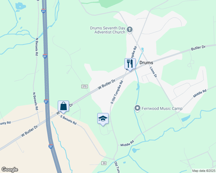 map of restaurants, bars, coffee shops, grocery stores, and more near 403-419 West Butler Drive in Luzerne