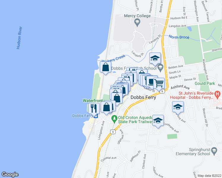 map of restaurants, bars, coffee shops, grocery stores, and more near 39 Riverside Place in Dobbs Ferry