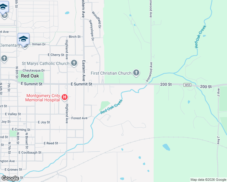 map of restaurants, bars, coffee shops, grocery stores, and more near 1803 East Summit Street in Red Oak
