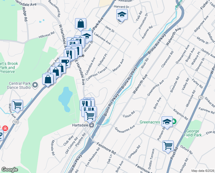 map of restaurants, bars, coffee shops, grocery stores, and more near 50 Rockledge Road in Hartsdale