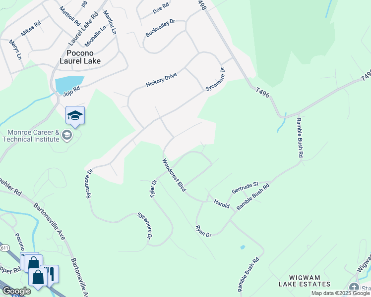 map of restaurants, bars, coffee shops, grocery stores, and more near 723 Tyler Drive in Stroudsburg