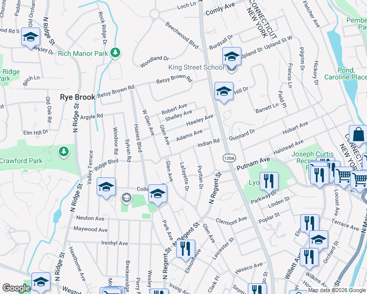 map of restaurants, bars, coffee shops, grocery stores, and more near 93 Adams Avenue in Port Chester