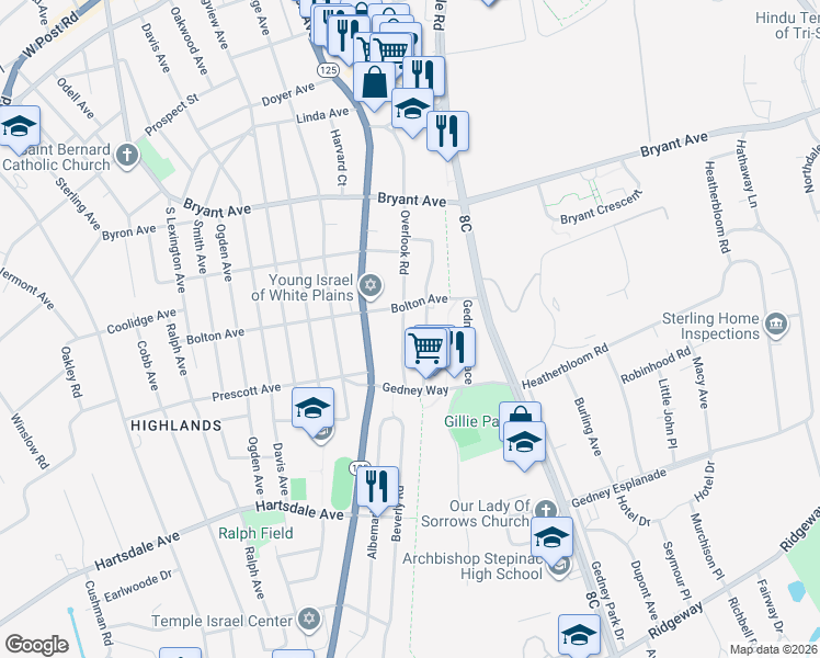 map of restaurants, bars, coffee shops, grocery stores, and more near 77 Bolton Avenue in White Plains