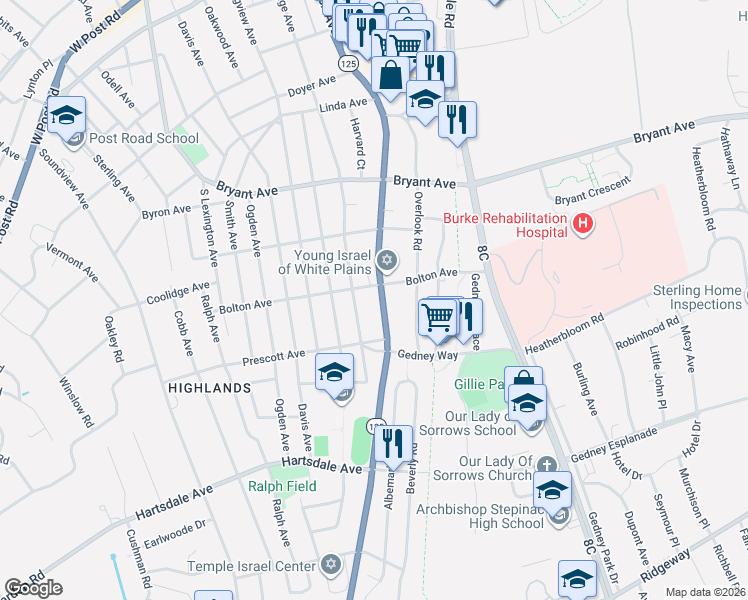 map of restaurants, bars, coffee shops, grocery stores, and more near in White Plains