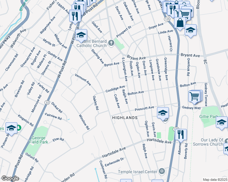 map of restaurants, bars, coffee shops, grocery stores, and more near 20 Coolidge Avenue in White Plains