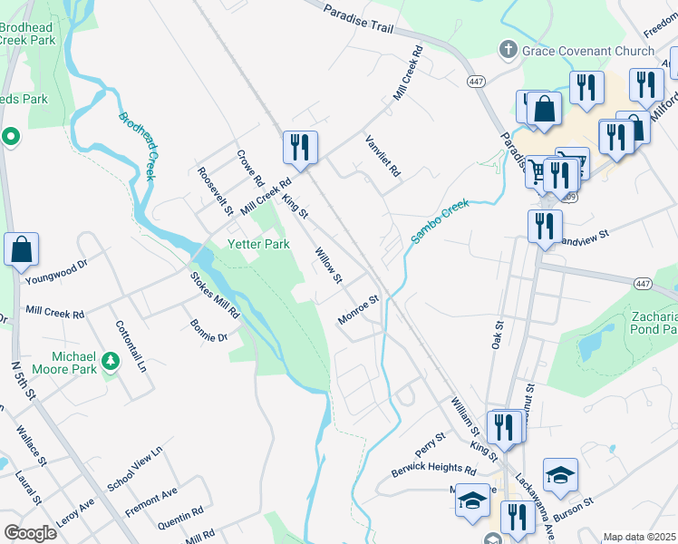 map of restaurants, bars, coffee shops, grocery stores, and more near 405 King Street in East Stroudsburg
