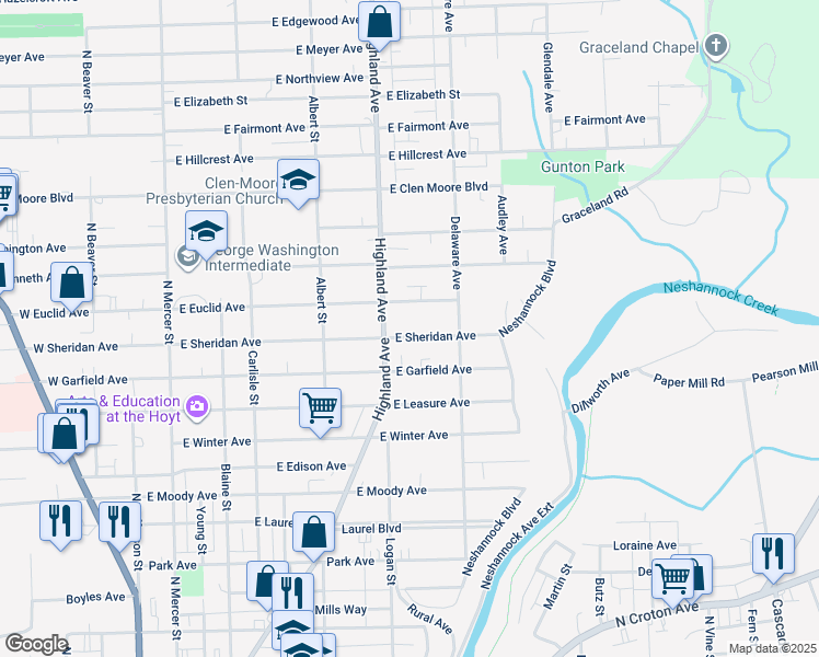 map of restaurants, bars, coffee shops, grocery stores, and more near 410 East Euclid Avenue in New Castle