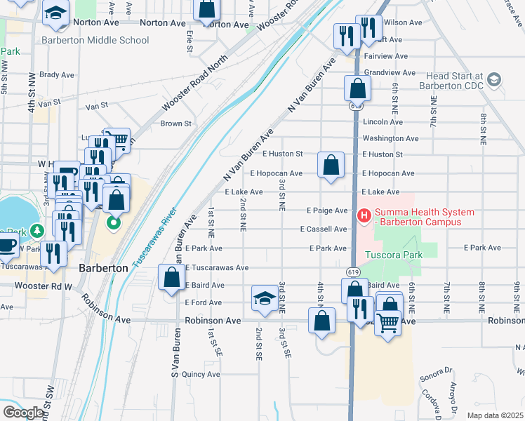 map of restaurants, bars, coffee shops, grocery stores, and more near 284 East Lake Avenue in Barberton