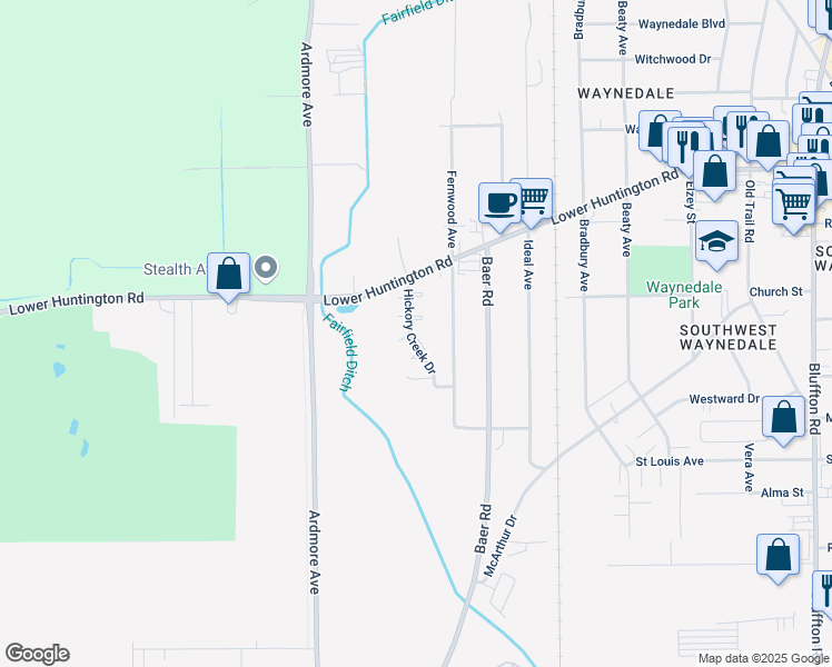 map of restaurants, bars, coffee shops, grocery stores, and more near 7210 Hickory Creek Drive in Fort Wayne