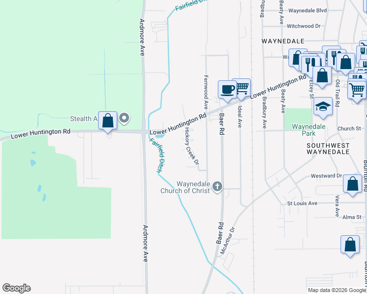 map of restaurants, bars, coffee shops, grocery stores, and more near 7210 Hickory Creek Drive in Fort Wayne