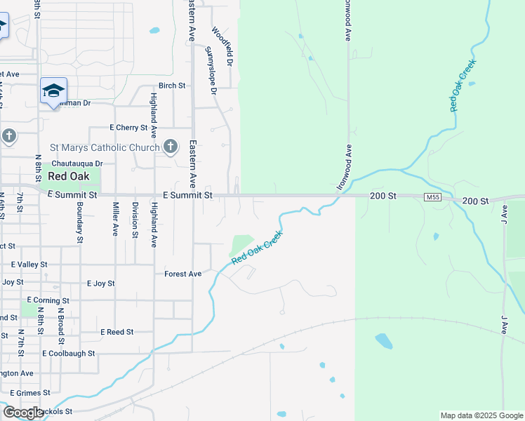 map of restaurants, bars, coffee shops, grocery stores, and more near 1803 East Summit Street in Red Oak