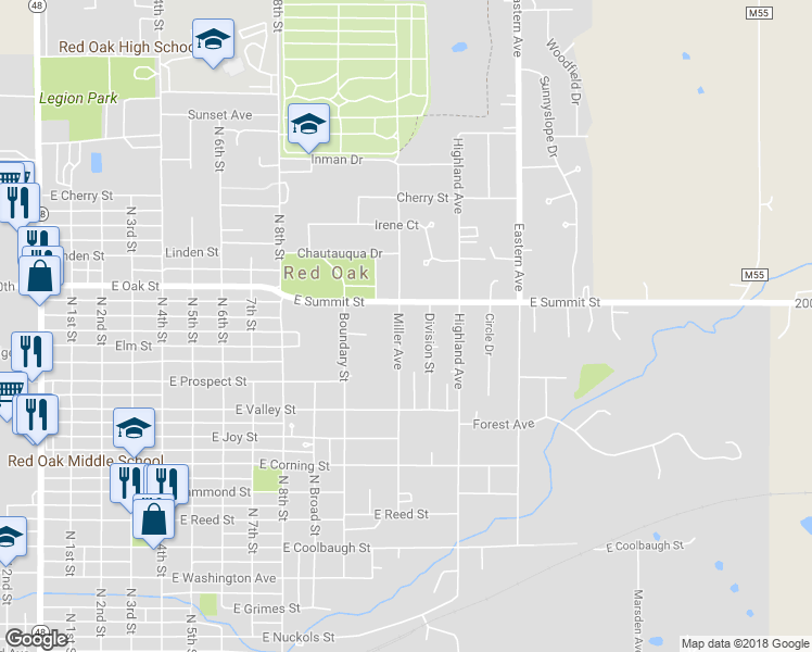 map of restaurants, bars, coffee shops, grocery stores, and more near 1208 Miller Avenue in Red Oak