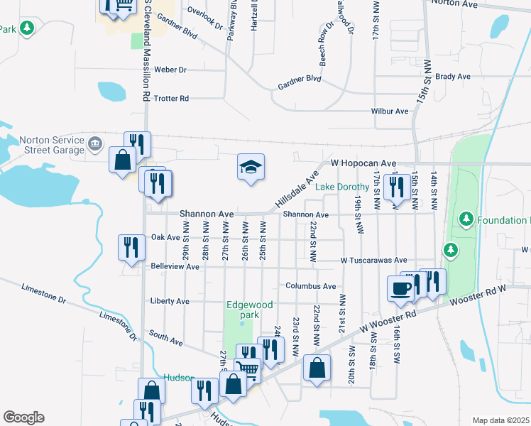 map of restaurants, bars, coffee shops, grocery stores, and more near 1151 Shannon Avenue in Barberton