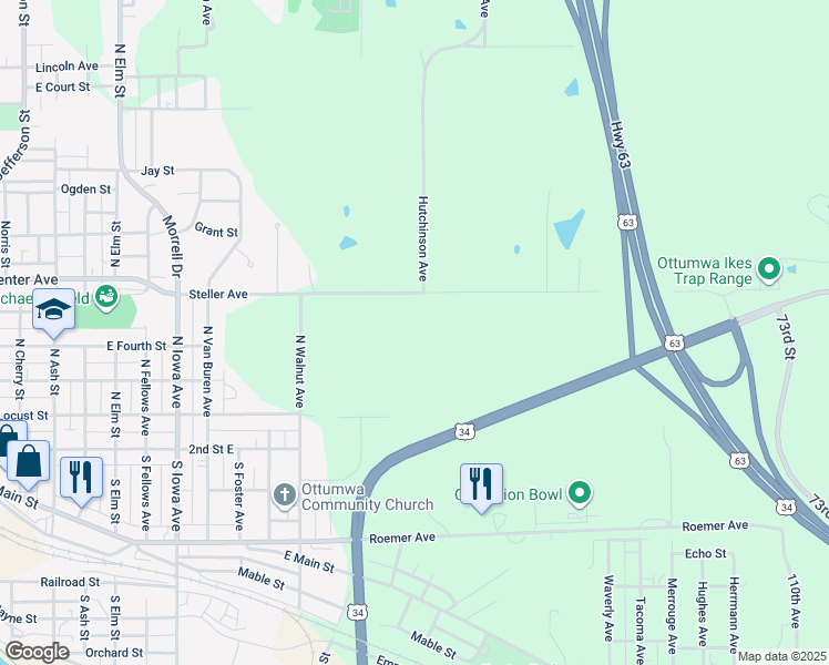 map of restaurants, bars, coffee shops, grocery stores, and more near 1600 Steller Avenue in Ottumwa