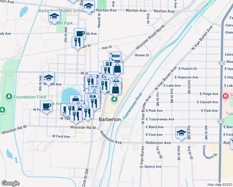 map of restaurants, bars, coffee shops, grocery stores, and more near 201 Wooster Road North in Barberton