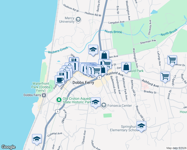 map of restaurants, bars, coffee shops, grocery stores, and more near 21 Rochambeau Avenue in Dobbs Ferry