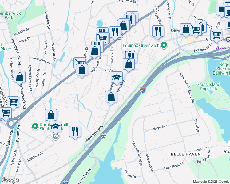 map of restaurants, bars, coffee shops, grocery stores, and more near 194 Hamilton Avenue in Greenwich