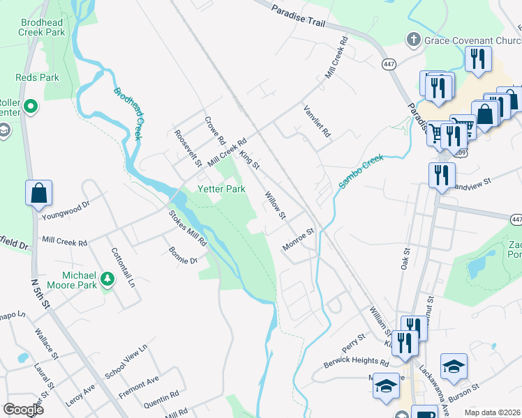 map of restaurants, bars, coffee shops, grocery stores, and more near 419 Willow Street in East Stroudsburg