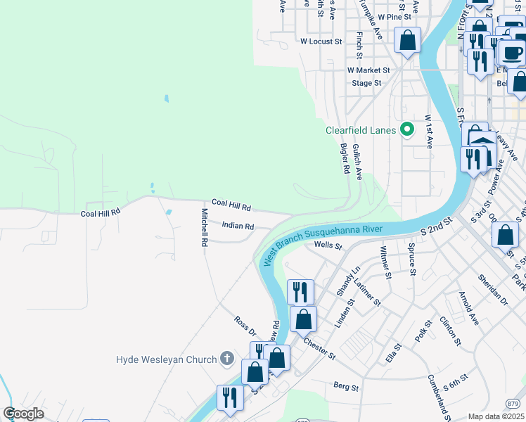 map of restaurants, bars, coffee shops, grocery stores, and more near Coal Hill Road in Clearfield