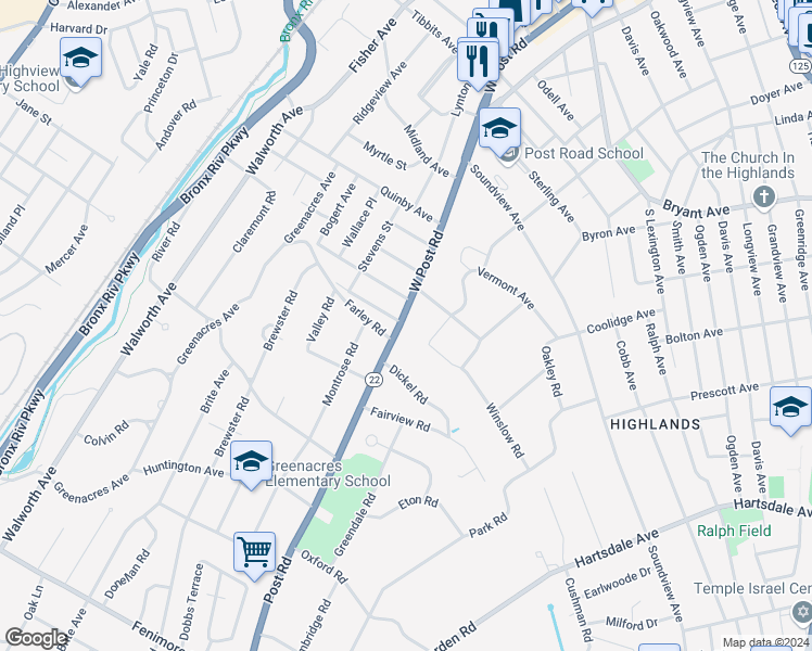 map of restaurants, bars, coffee shops, grocery stores, and more near 3 New York Avenue in White Plains