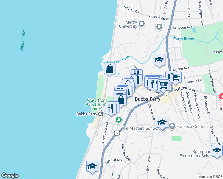 map of restaurants, bars, coffee shops, grocery stores, and more near 39 Riverside Place in Dobbs Ferry