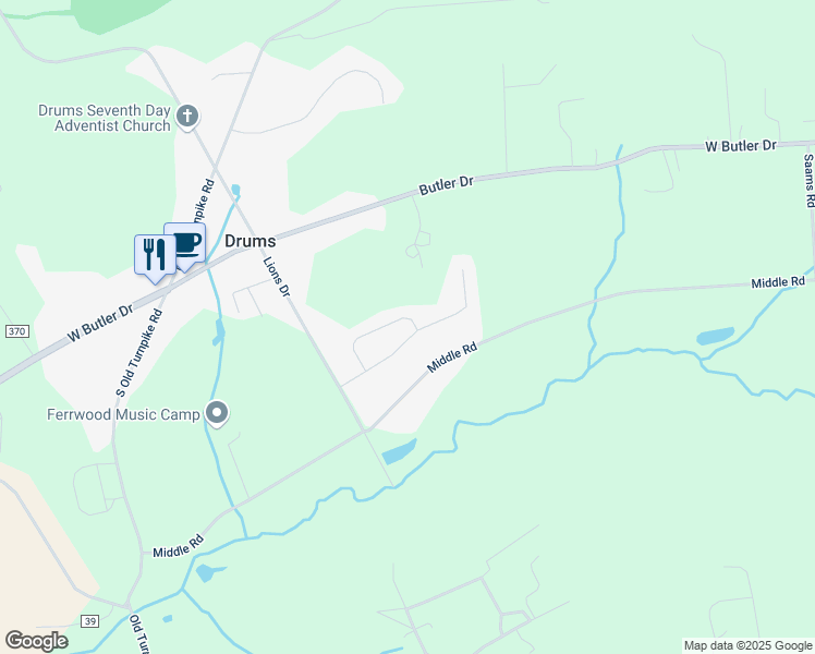 map of restaurants, bars, coffee shops, grocery stores, and more near in Drums