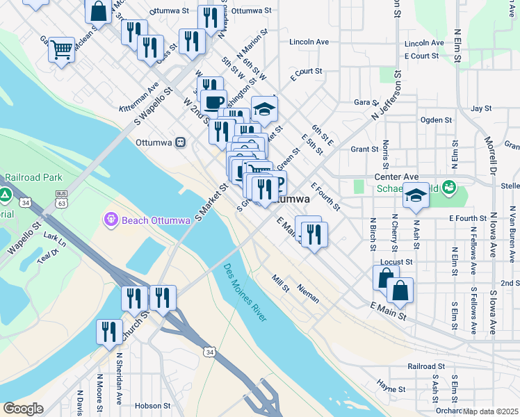 map of restaurants, bars, coffee shops, grocery stores, and more near 304 East Main Street in Ottumwa