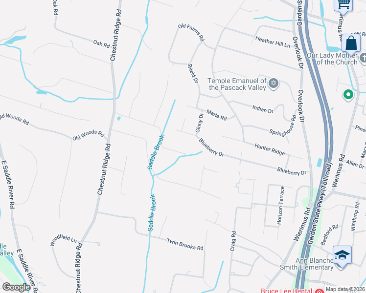 map of restaurants, bars, coffee shops, grocery stores, and more near 23 Werimus Brook Road in Saddle River