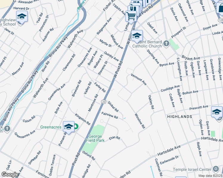 map of restaurants, bars, coffee shops, grocery stores, and more near 3 New York Avenue in White Plains