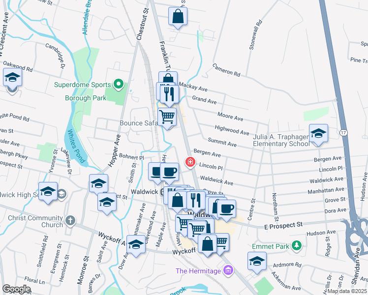map of restaurants, bars, coffee shops, grocery stores, and more near 115 Franklin Turnpike in Waldwick