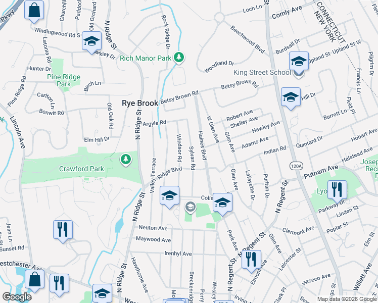 map of restaurants, bars, coffee shops, grocery stores, and more near 41 Sylvan Road in Port Chester