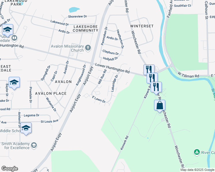 map of restaurants, bars, coffee shops, grocery stores, and more near 7424 Lakeridge Drive in Fort Wayne