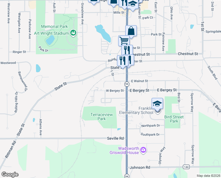 map of restaurants, bars, coffee shops, grocery stores, and more near 150 West Bergey Street in Wadsworth