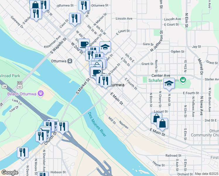 map of restaurants, bars, coffee shops, grocery stores, and more near 331 East Main Street in Ottumwa