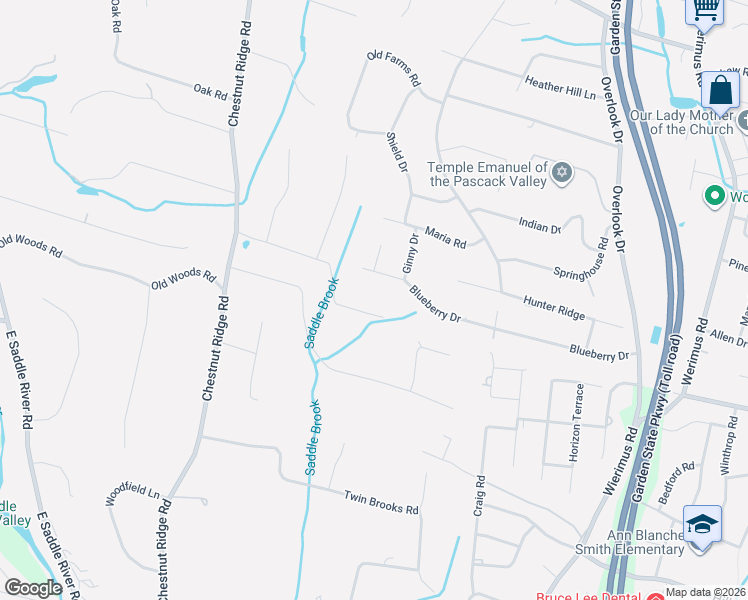 map of restaurants, bars, coffee shops, grocery stores, and more near 23 Werimus Brook Road in Saddle River