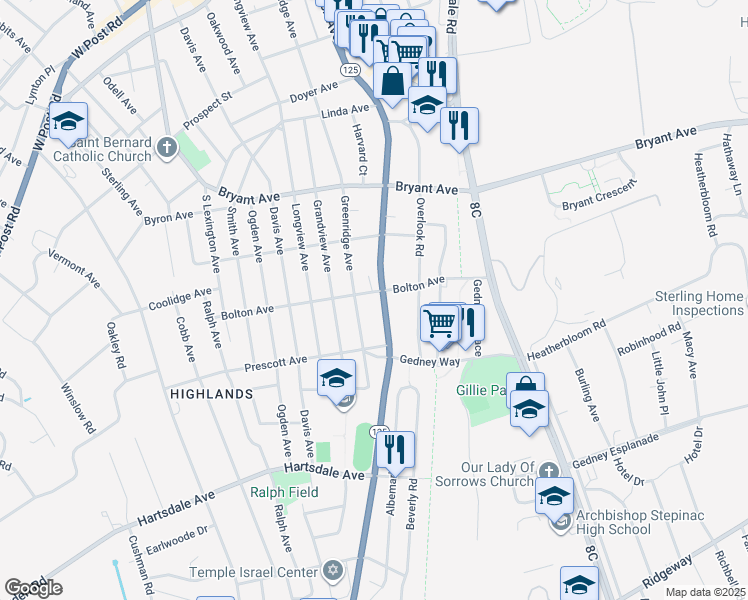 map of restaurants, bars, coffee shops, grocery stores, and more near in White Plains
