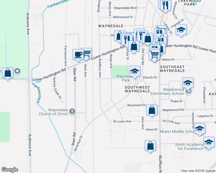 map of restaurants, bars, coffee shops, grocery stores, and more near 7219 Bradbury Ave in Fort Wayne