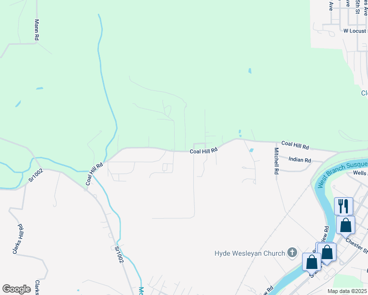 map of restaurants, bars, coffee shops, grocery stores, and more near 543 Coal Hill Road in Clearfield