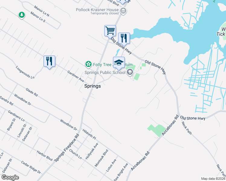 map of restaurants, bars, coffee shops, grocery stores, and more near 22 School Street in East Hampton