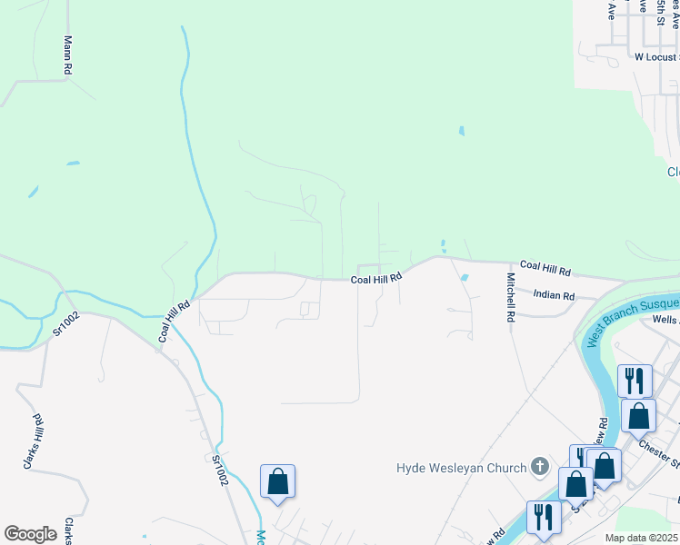 map of restaurants, bars, coffee shops, grocery stores, and more near 543 Coal Hill Road in Clearfield