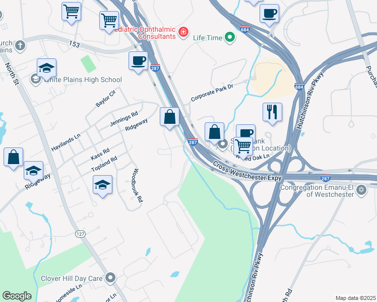 map of restaurants, bars, coffee shops, grocery stores, and more near 1133 Westchester Avenue East in White Plains