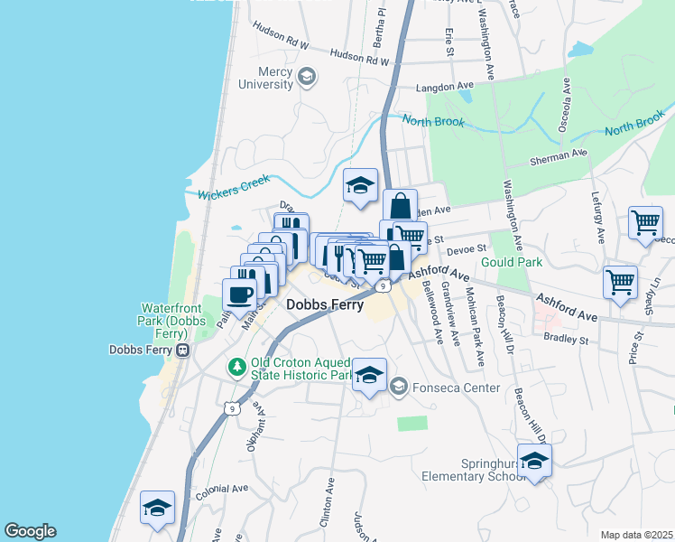 map of restaurants, bars, coffee shops, grocery stores, and more near 40 Cedar Street in Dobbs Ferry
