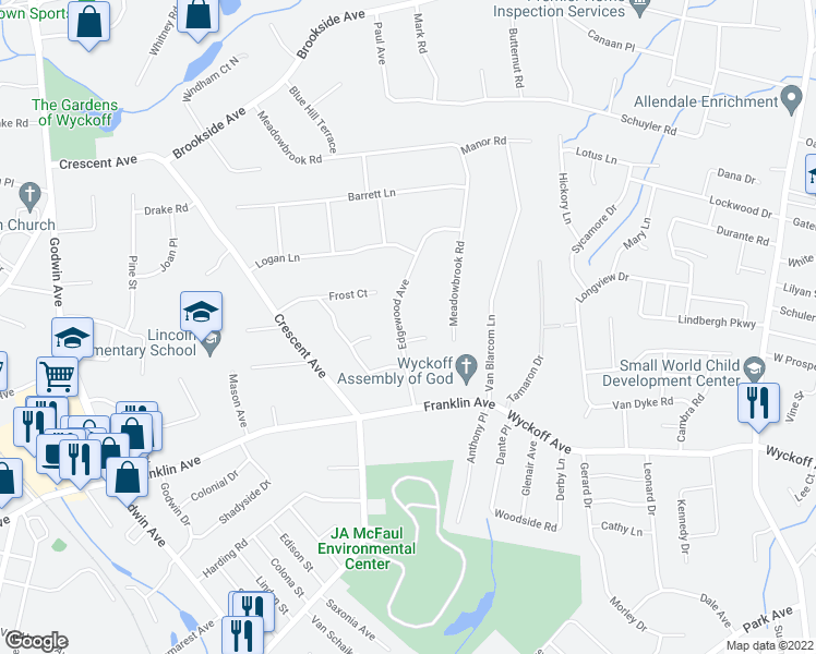 map of restaurants, bars, coffee shops, grocery stores, and more near 105 Lisa Court in Wyckoff