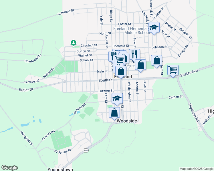 map of restaurants, bars, coffee shops, grocery stores, and more near 450 Fern Street in Freeland