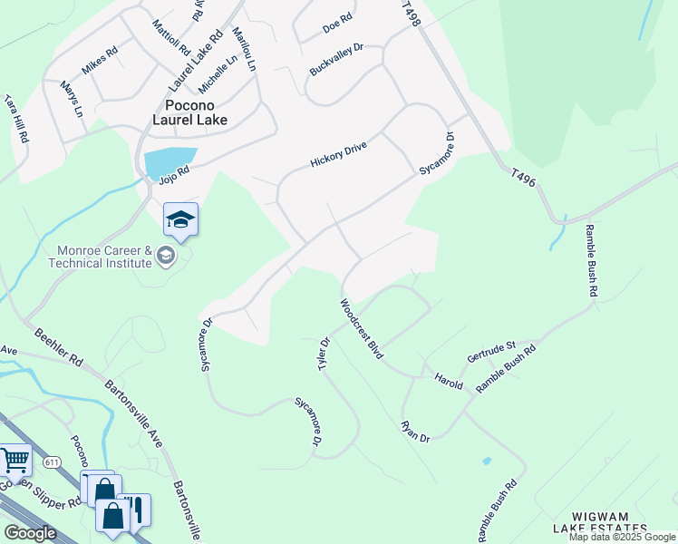 map of restaurants, bars, coffee shops, grocery stores, and more near 191 Woodcrest Boulevard in Stroudsburg