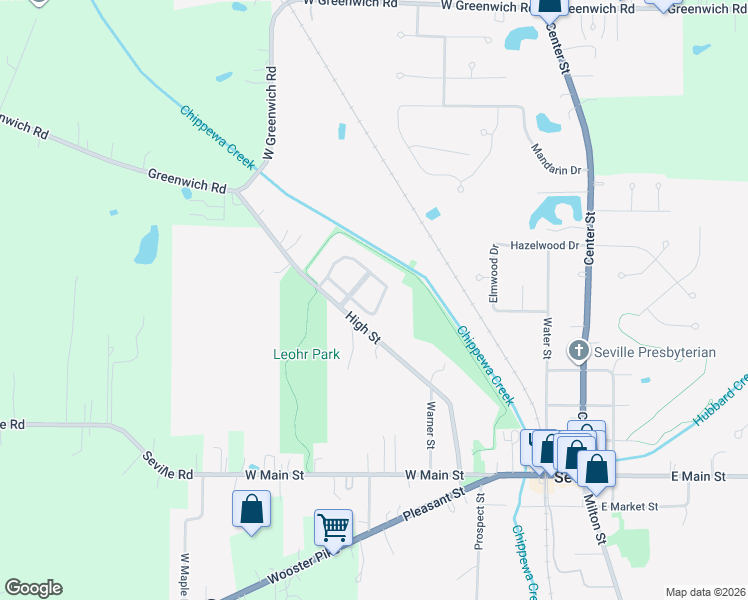 map of restaurants, bars, coffee shops, grocery stores, and more near 9487 Shawnee Path Lane in Seville