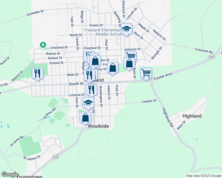 map of restaurants, bars, coffee shops, grocery stores, and more near 432 Park Street in Freeland