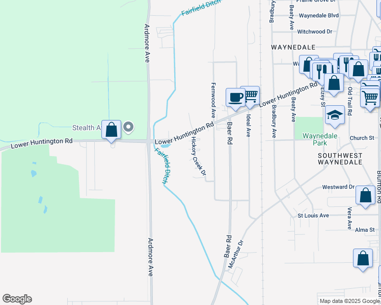 map of restaurants, bars, coffee shops, grocery stores, and more near 7210 Hickory Creek Drive in Fort Wayne