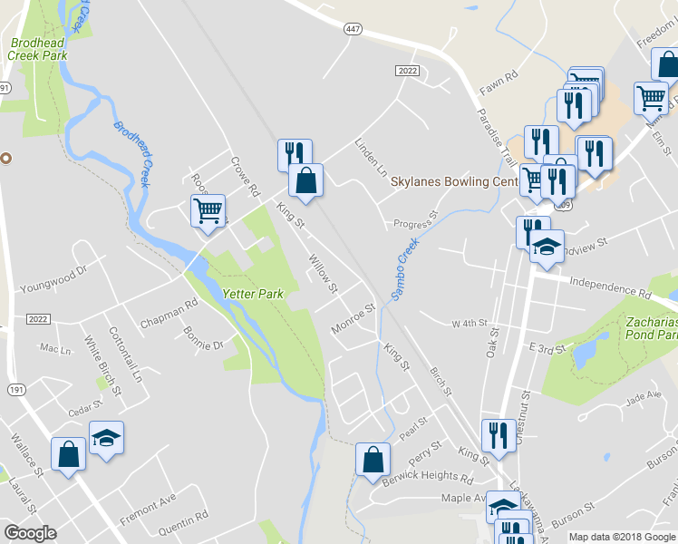 map of restaurants, bars, coffee shops, grocery stores, and more near 403 King Street in East Stroudsburg